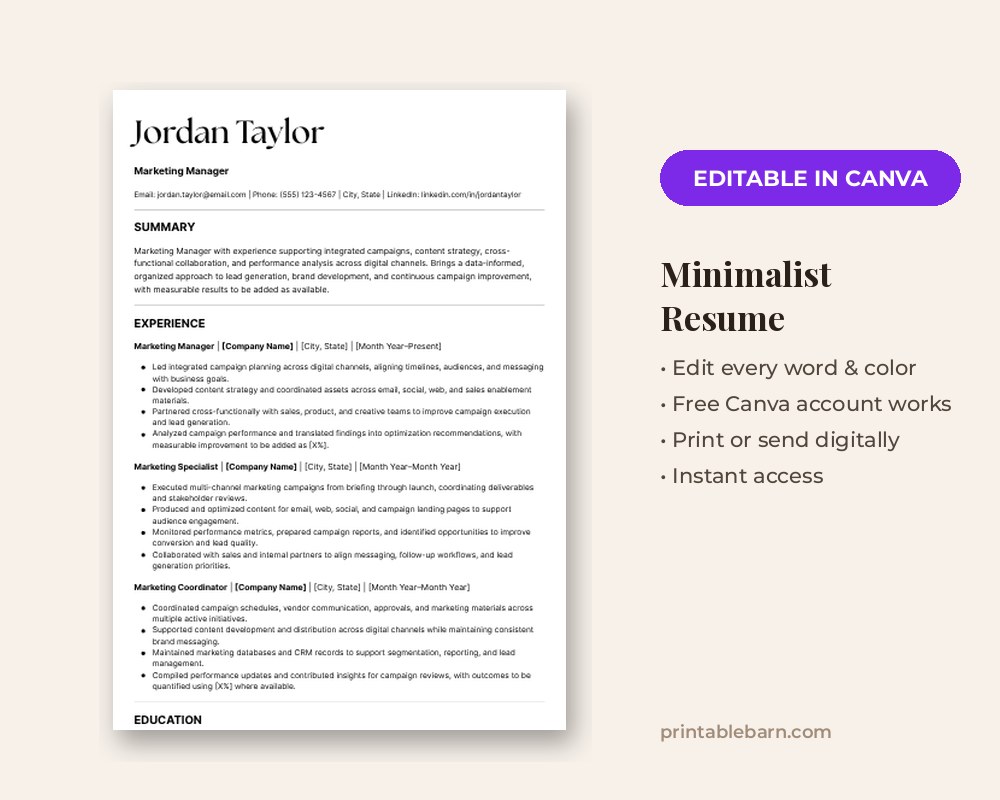 Minimalist Resume Template: Editable in Canva