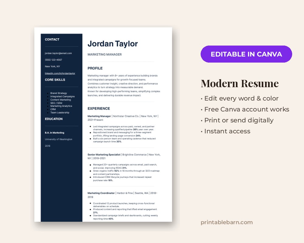 Modern Resume Template: Editable in Canva