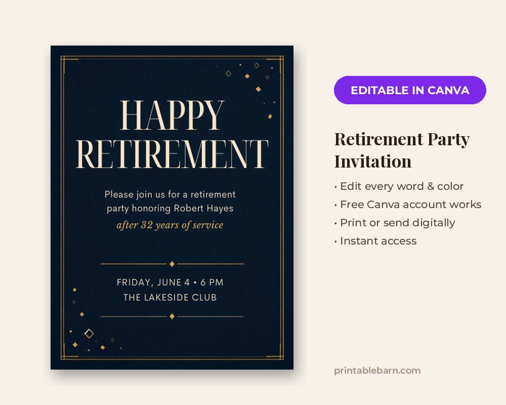 Retirement Party Invitation Template: Editable in Canva