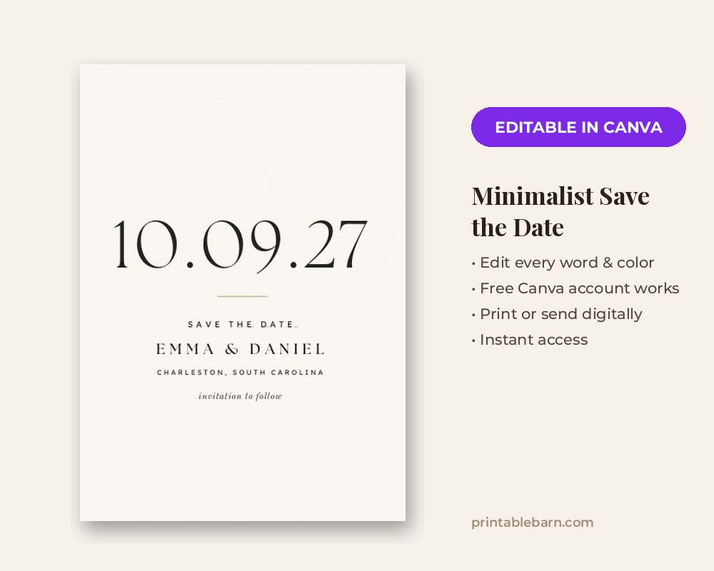 Minimalist Save the Date Template: Editable in Canva