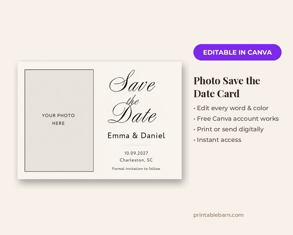 Photo Save the Date Card Template: Editable in Canva