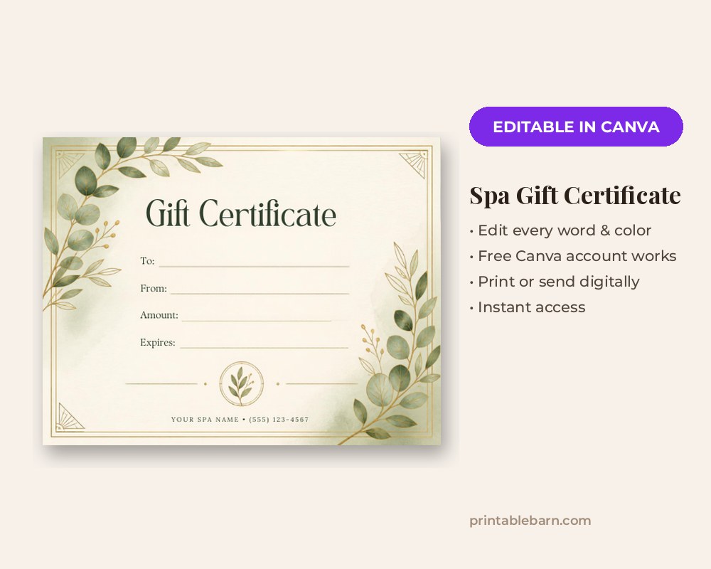 Spa Gift Certificate Template: Editable in Canva printable preview 1
