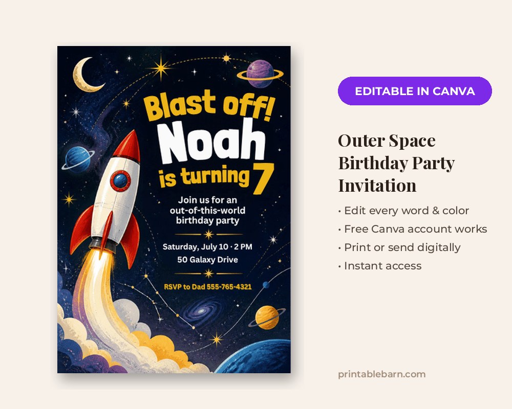 Outer Space Birthday Party Invitation Template: Editable in Canva