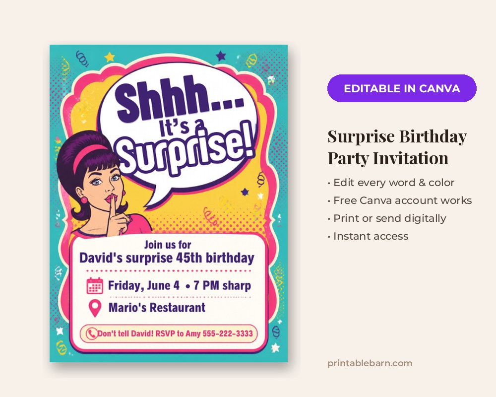 Surprise Birthday Party Invitation Template: Editable in Canva