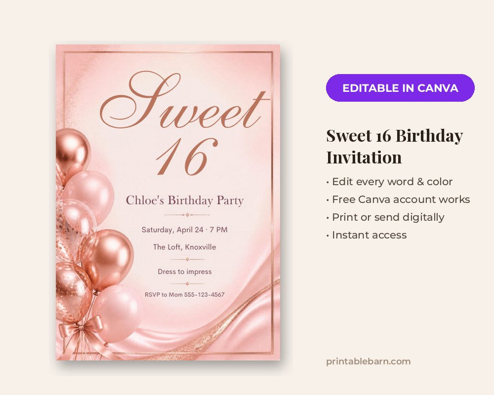 Sweet 16 Birthday Invitation Template: Editable in Canva