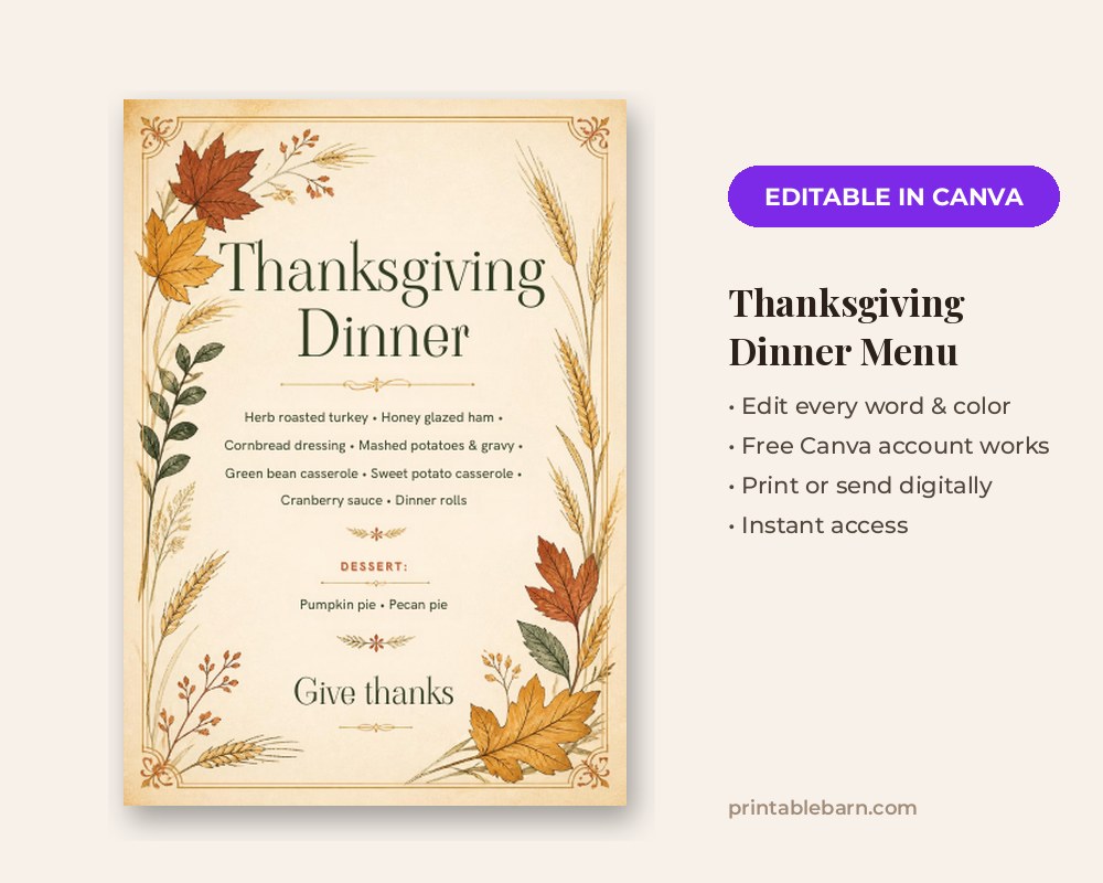 Thanksgiving Dinner Menu Template: Editable in Canva