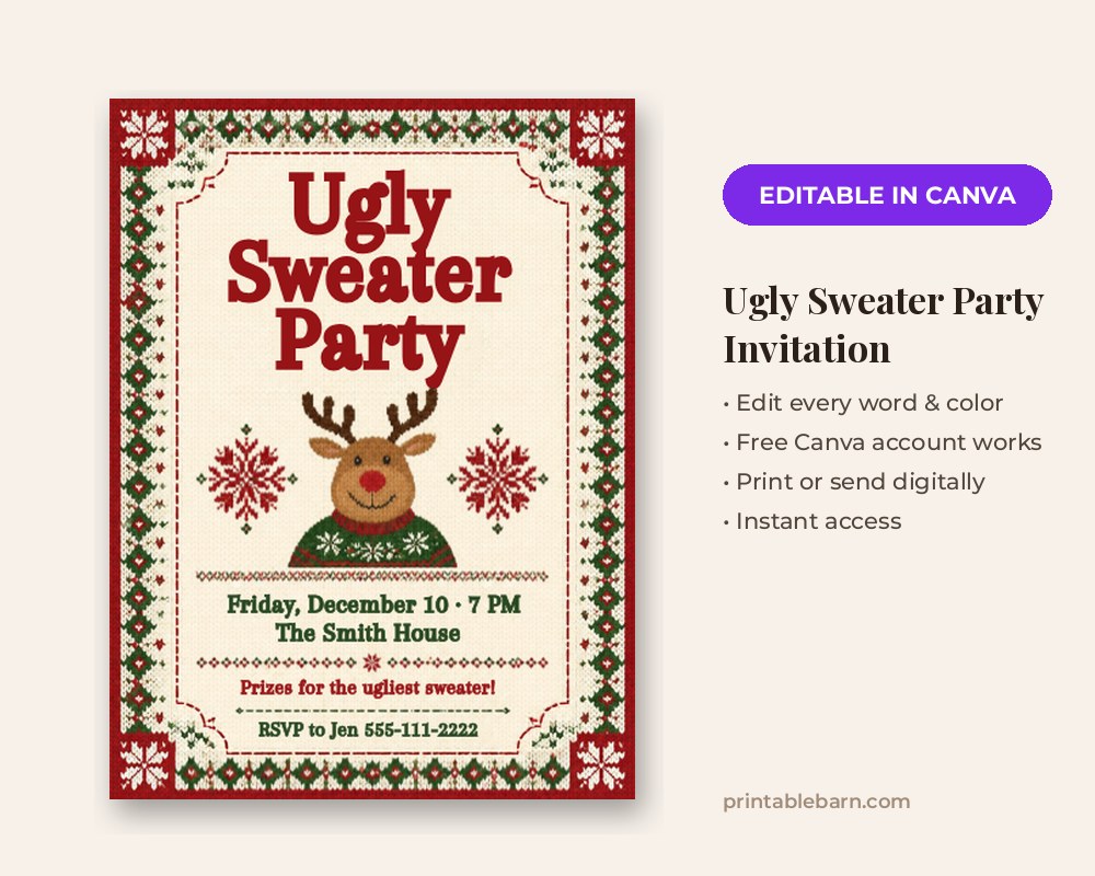 Ugly Sweater Party Invitation Template: Editable in Canva