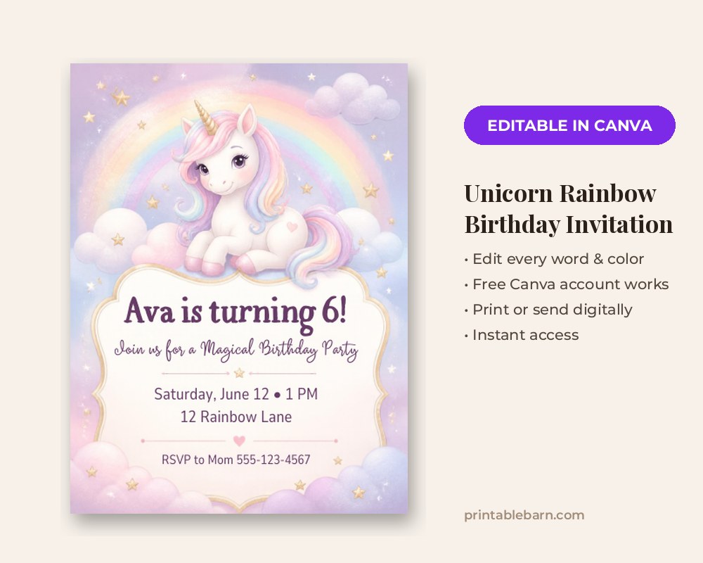 Unicorn Rainbow Birthday Invitation Template: Editable in Canva printable preview 1