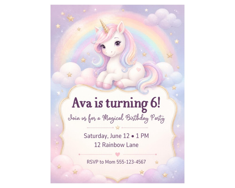 Unicorn Rainbow Birthday Invitation Template: Editable in Canva printable preview 2