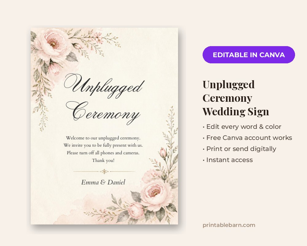 Unplugged Ceremony Wedding Sign Template: Editable in Canva printable preview 1