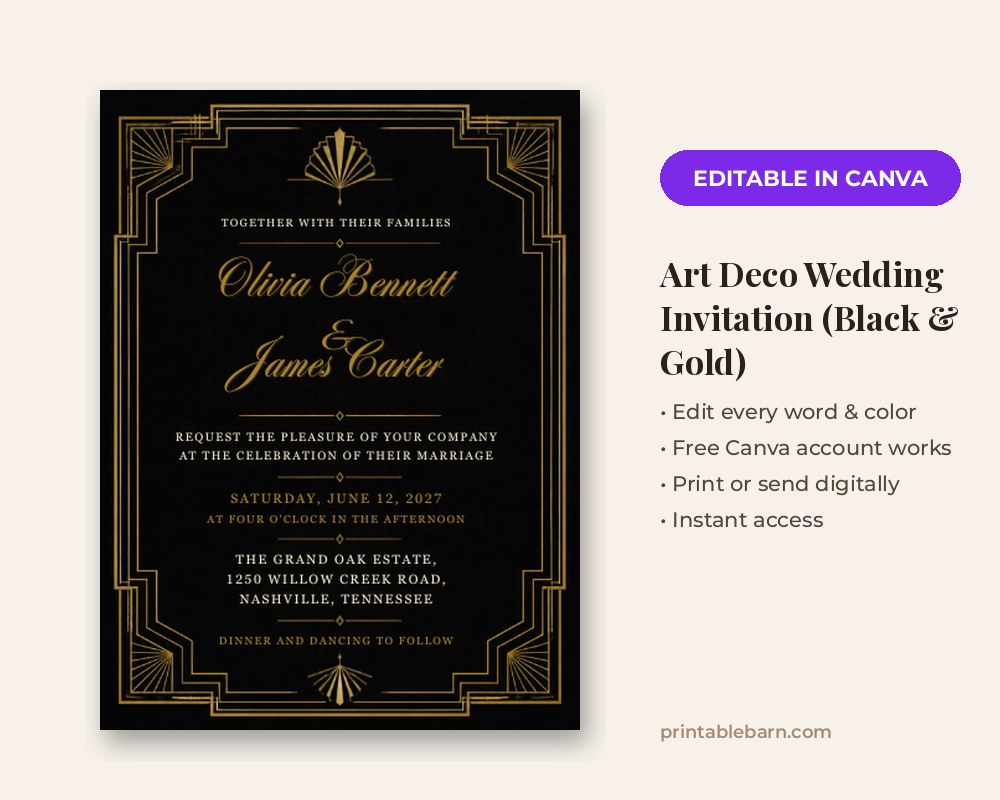 Art Deco Wedding Invitation Template: Editable in Canva (Black & Gold) printable preview 1