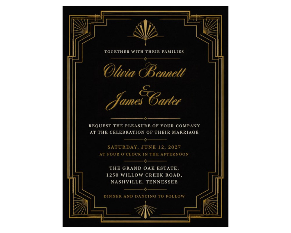 Art Deco Wedding Invitation Template: Editable in Canva (Black & Gold) printable preview 2