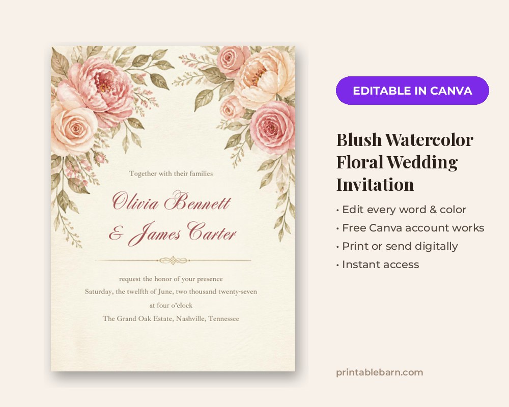 Blush Watercolor Floral Wedding Invitation Template: Editable in Canva printable preview 1
