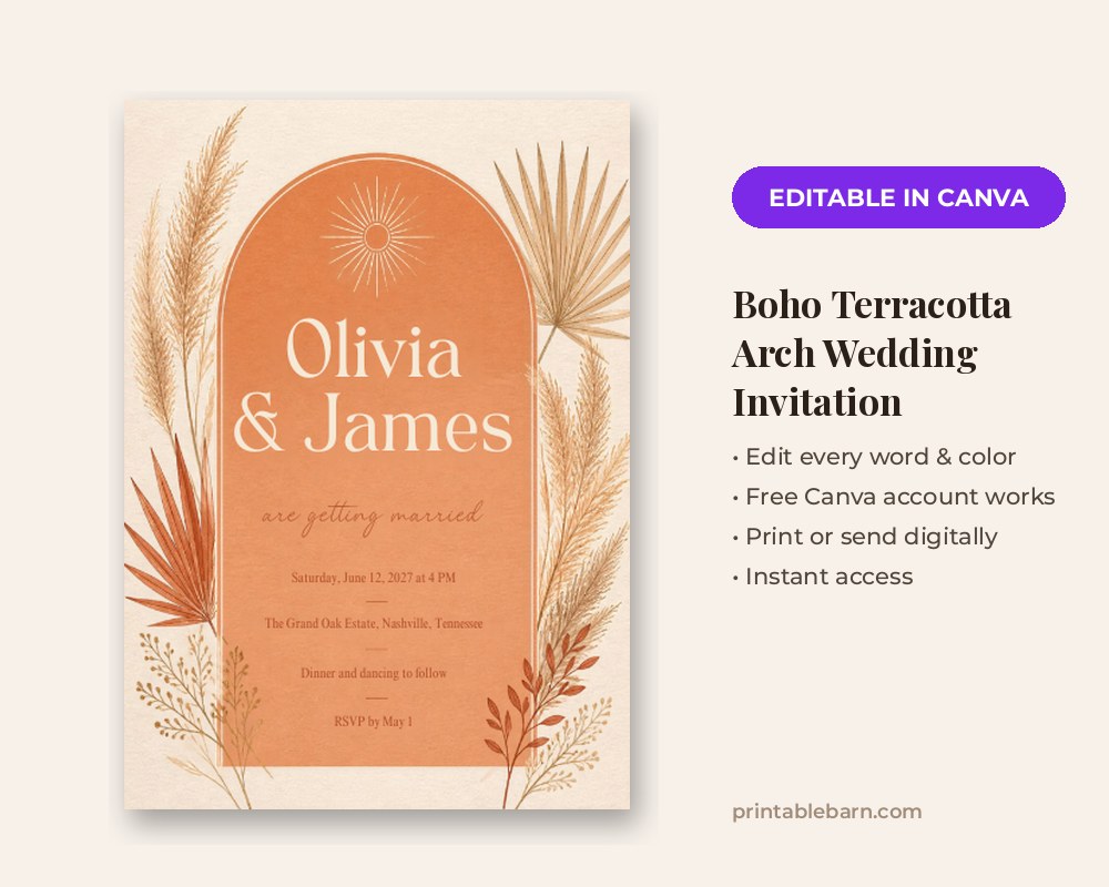 Boho Terracotta Arch Wedding Invitation Template: Editable in Canva
