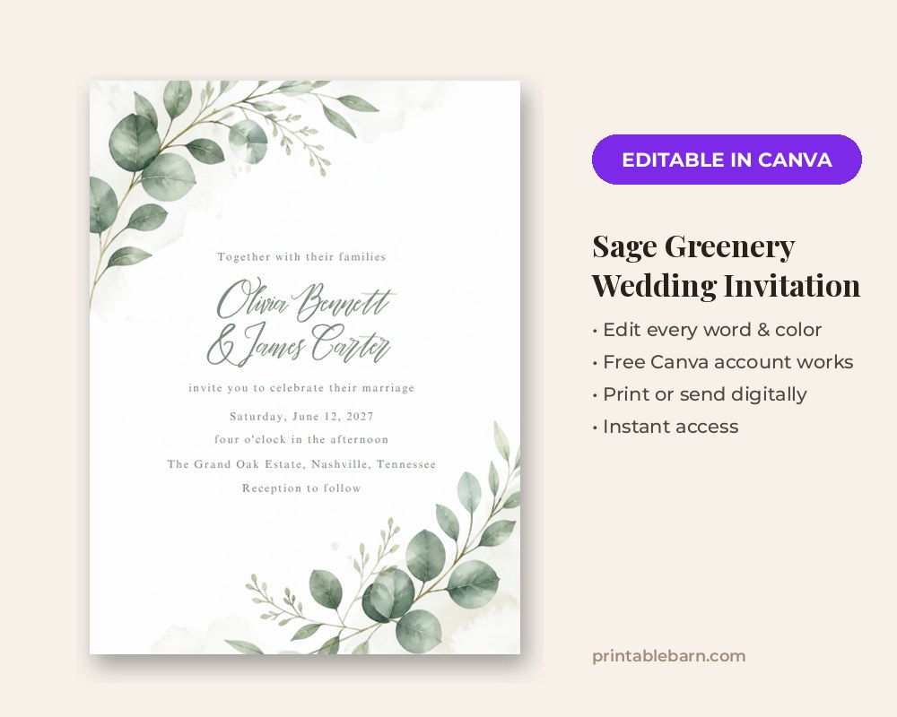 Sage Greenery Wedding Invitation Template: Editable in Canva printable preview 1