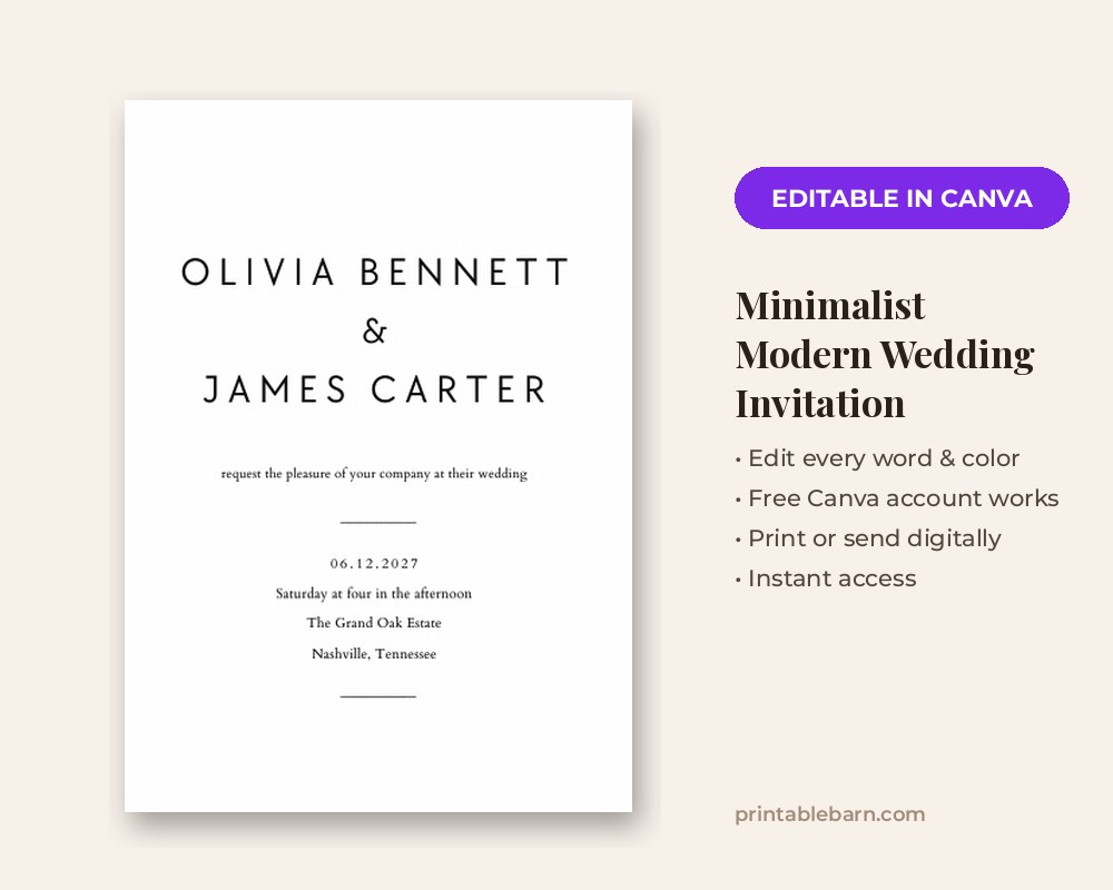 Minimalist Modern Wedding Invitation Template: Editable in Canva