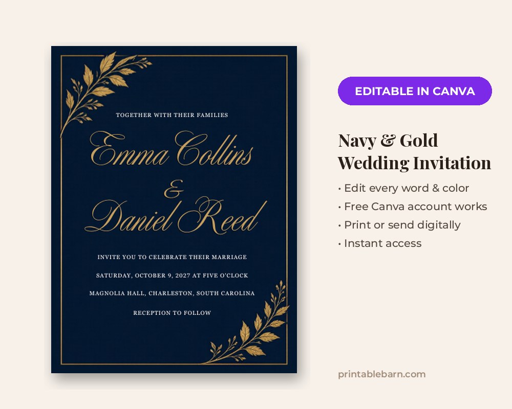 Navy & Gold Wedding Invitation Template: Editable in Canva printable preview 1