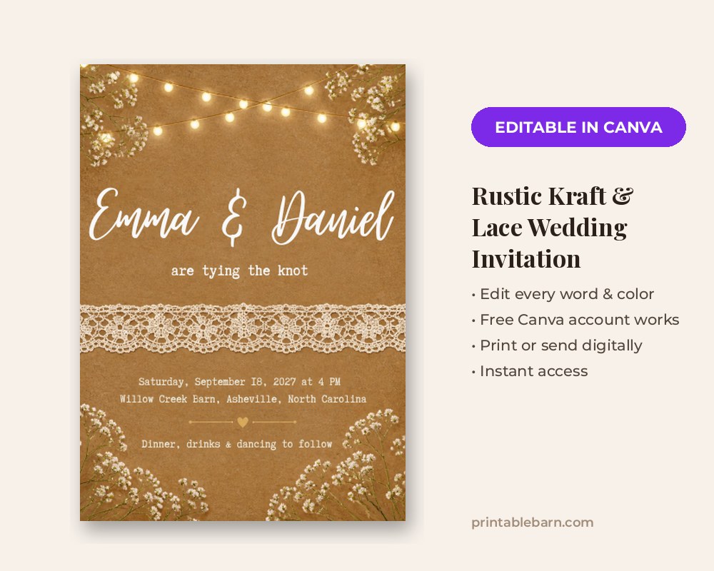 Rustic Kraft & Lace Wedding Invitation Template: Editable in Canva