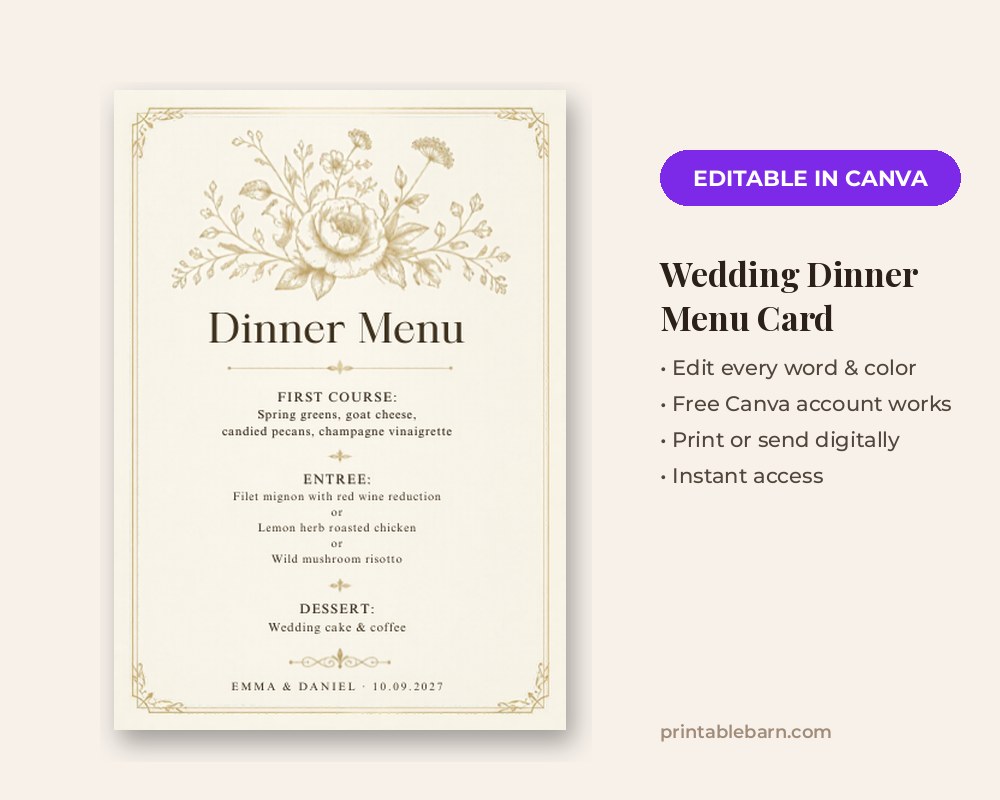 Wedding Dinner Menu Card Template: Editable in Canva