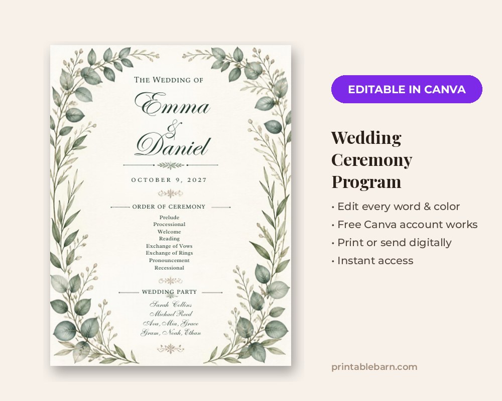Wedding Ceremony Program Template: Editable in Canva printable preview 1