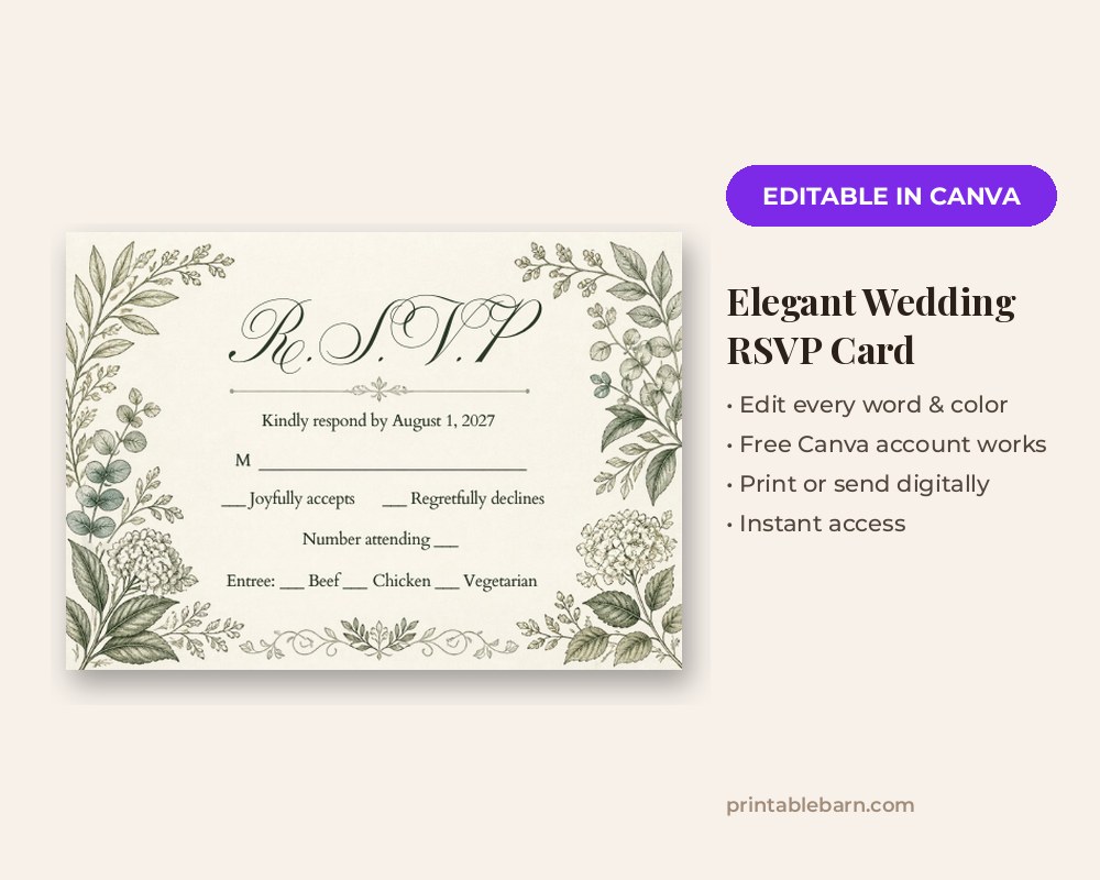 Elegant Wedding RSVP Card Template: Editable in Canva
