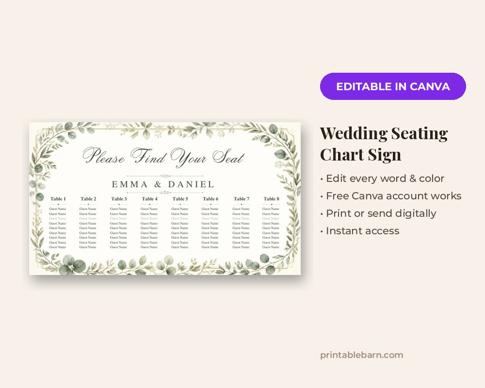 Wedding Seating Chart Sign Template: Editable in Canva printable preview 1