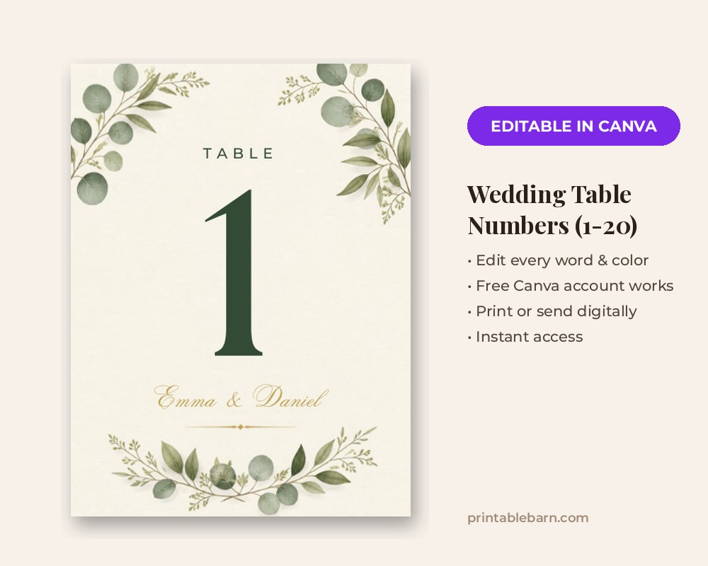 Wedding Table Numbers Template: Editable in Canva (1-20)