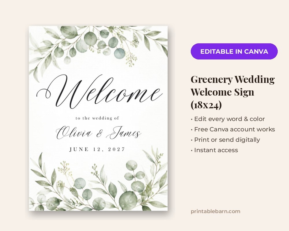 Greenery Wedding Welcome Sign Template: Editable in Canva (18x24)