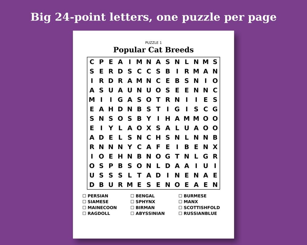 Free printable Cat Lovers Word Search sample page