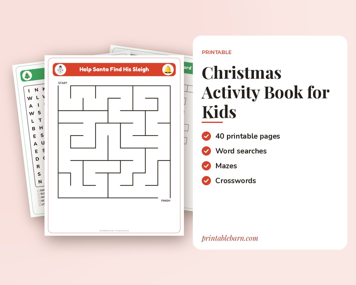 Christmas Activity Book for Kids: 30+ Pages of Word Searches, Mazes, Crosswords, Games & Writing Prompts