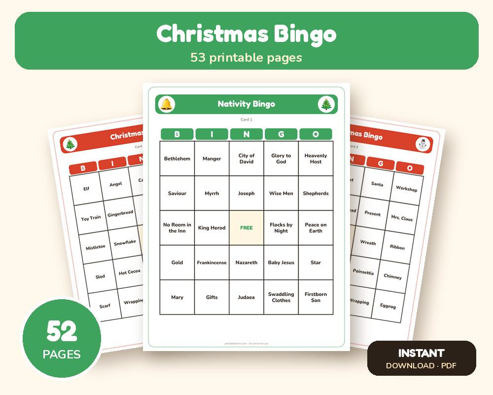 Christmas Bingo: 50 Cards + Nativity Bingo