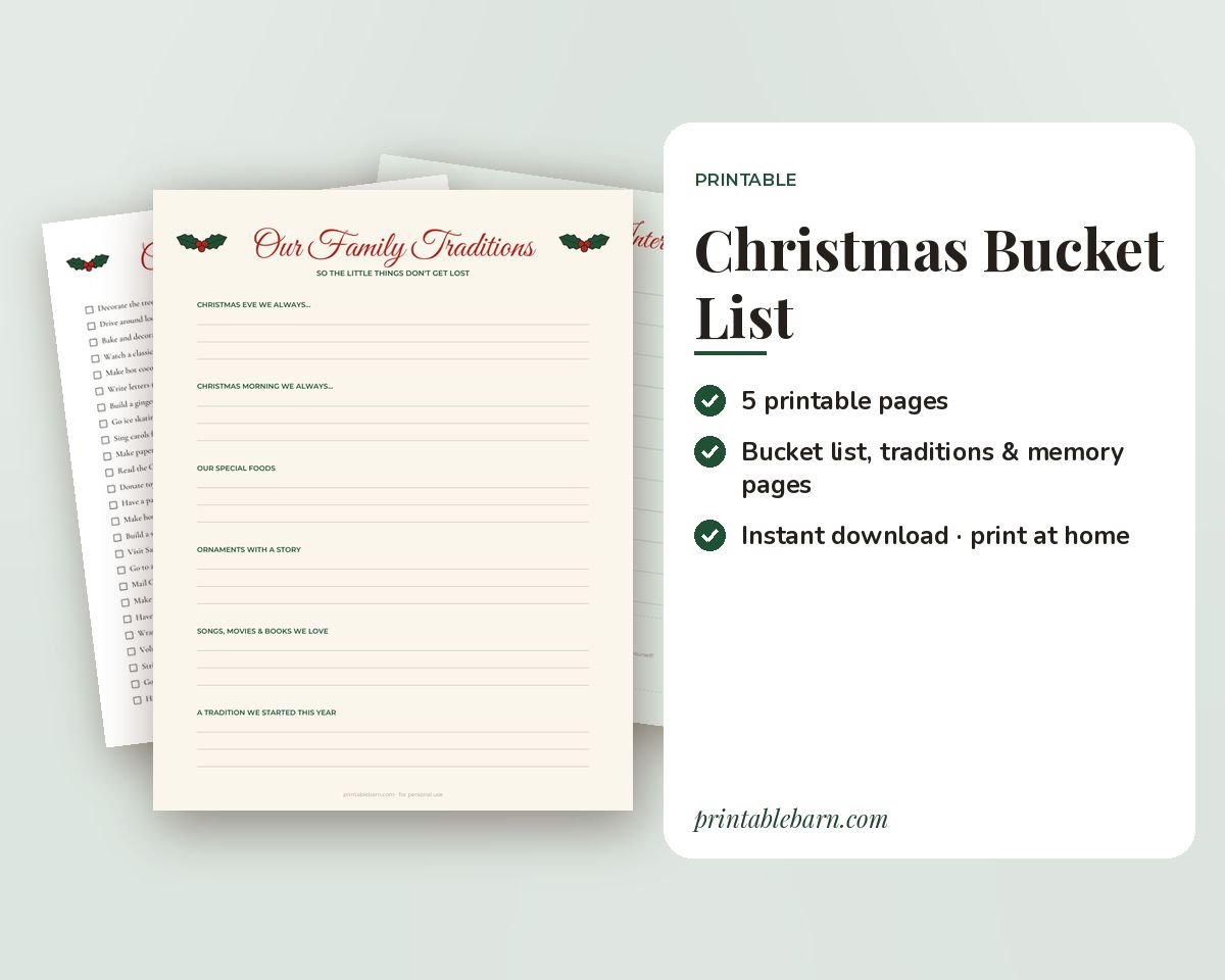 Christmas Bucket List Printable: 50 Family Activities, Blank Bucket List, Family Traditions, Memory Page & Kids Christmas Interview printable preview 1