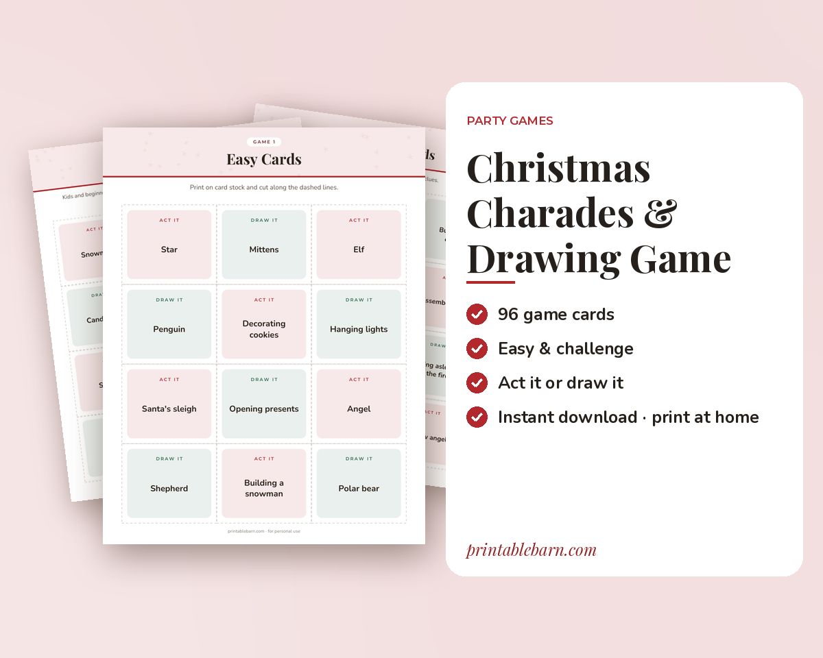 Christmas Charades & Drawing Game Cards: 96 Printable Act It / Draw It Cards (Kids & Adults) printable preview 1