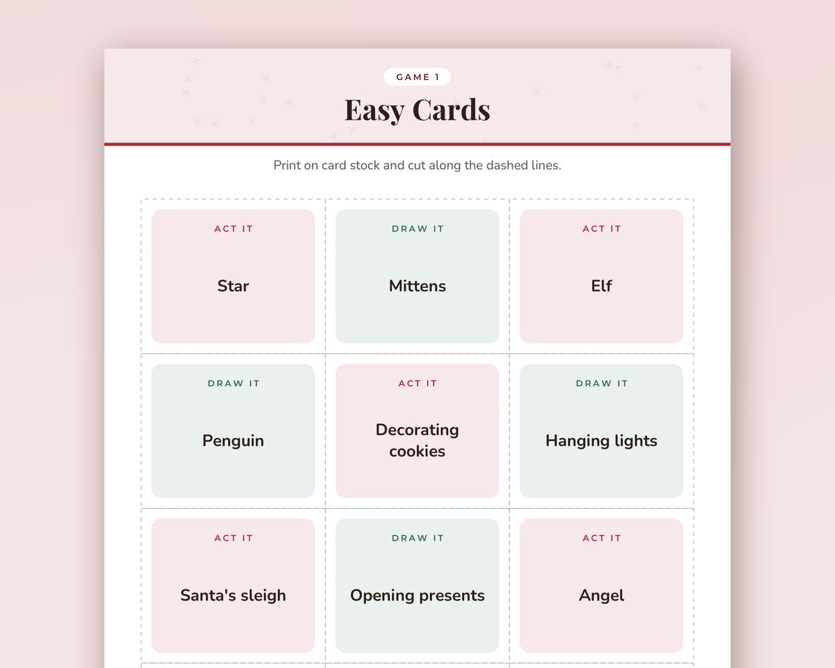 Christmas Charades & Drawing Game Cards: 96 Printable Act It / Draw It Cards (Kids & Adults) printable preview 2