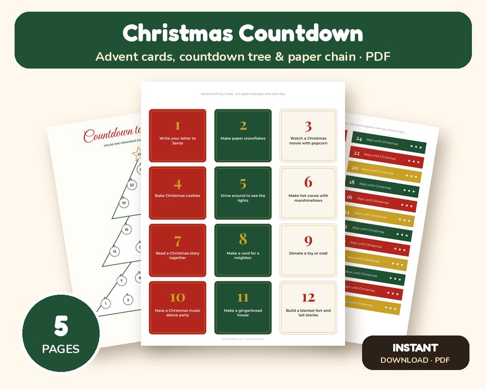 Christmas Countdown Printables: Advent Activity Cards, Color-In Countdown Tree & Paper Chain printable preview 1