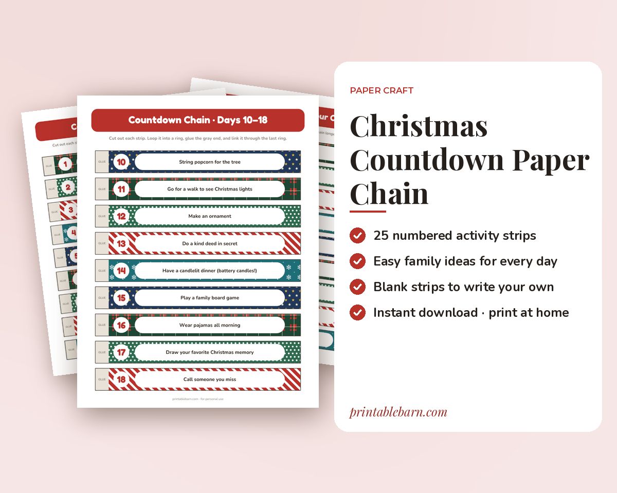 Christmas Countdown Paper Chain: 25 Activity Strips + Blanks (Printable PDF) printable preview 1
