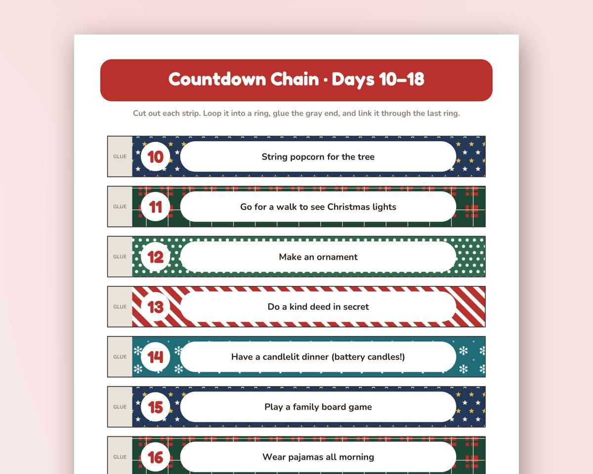 Christmas Countdown Paper Chain: 25 Activity Strips + Blanks (Printable PDF) printable preview 2