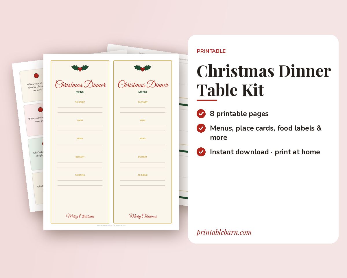 Christmas Dinner Table Printables: Fill-In Menu Cards, Place Cards, Food Labels, Conversation Cards & Table Sign