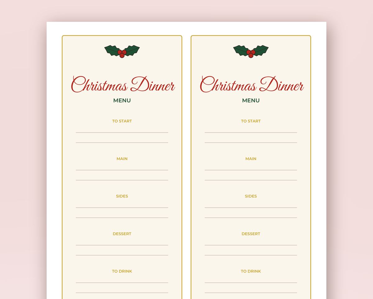 Christmas Dinner Table Printables: Fill-In Menu Cards, Place Cards, Food Labels, Conversation Cards & Table Sign printable preview 2