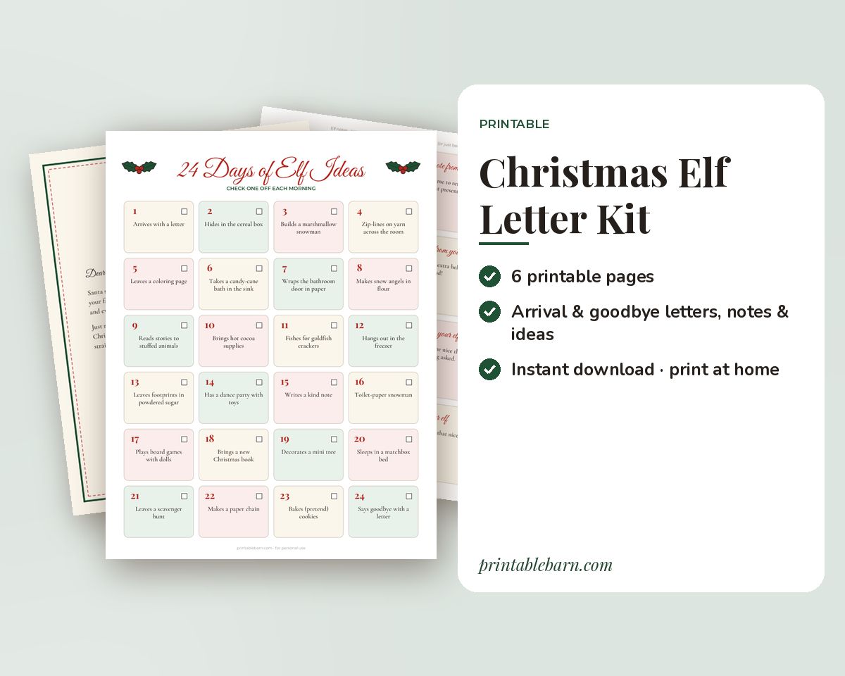 Christmas Elf Arrival Letter & Goodbye Letter Kit Printable: Scout Elf Notes, Report Card, 24-Day Idea List & Certificates printable preview 1