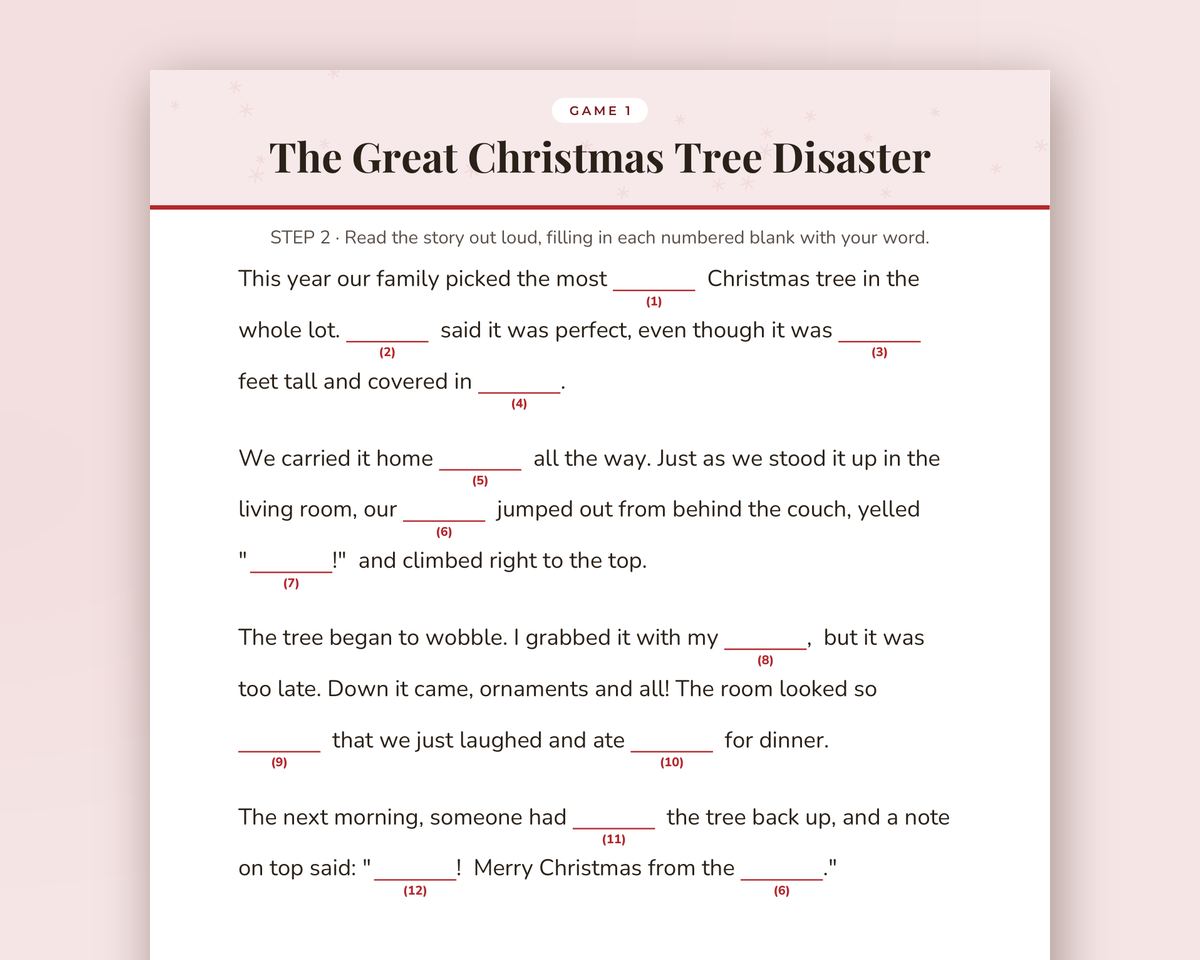 Free printable Christmas Fill-in-the-Blank Funny Stories sample page