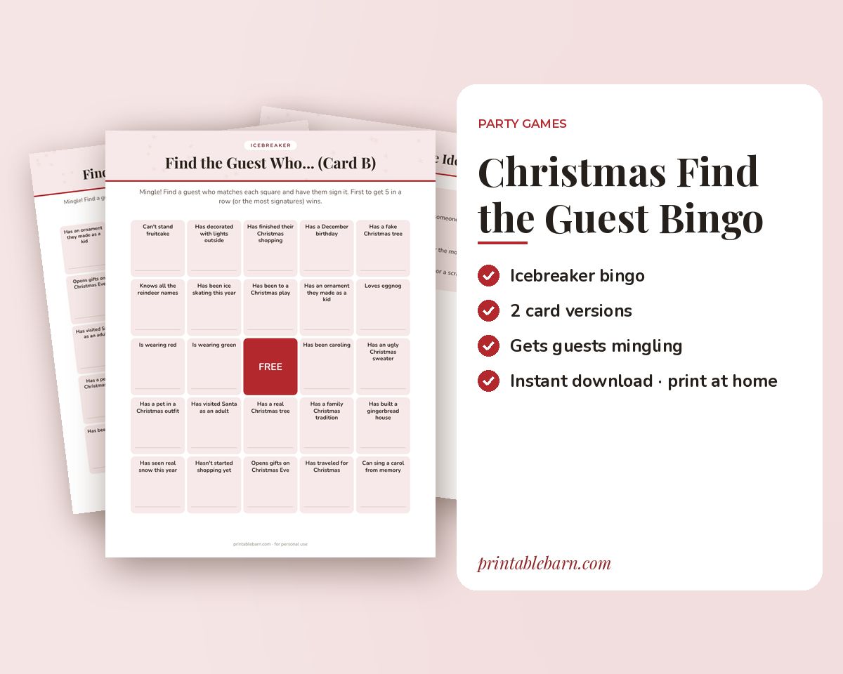 Christmas Find the Guest Bingo: Printable Icebreaker Game (2 Card Versions) printable preview 1