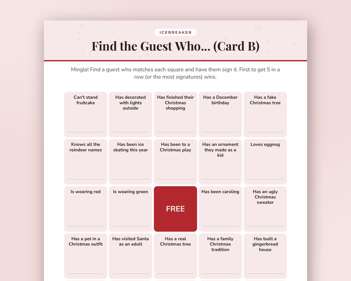 Christmas Find the Guest Bingo: Printable Icebreaker Game (2 Card Versions) printable preview 2