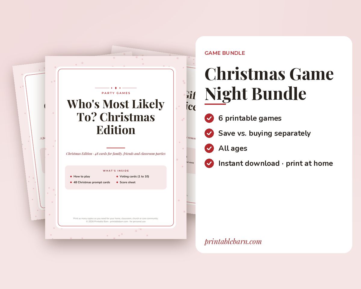 Christmas Game Night Bundle: 6 Printable Party Games (Left Right, Most Likely To, Dice Gift Exchange, Charades & More)
