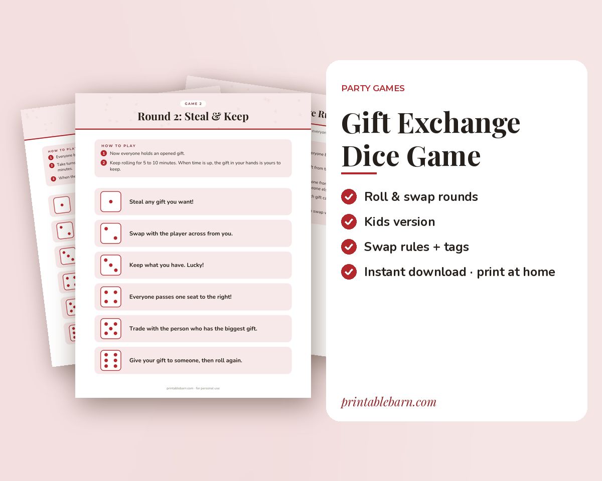 Christmas Gift Exchange Dice Game: Roll & Swap Party Game + Steal-Style Gift Swap Rules (Printable) printable preview 1