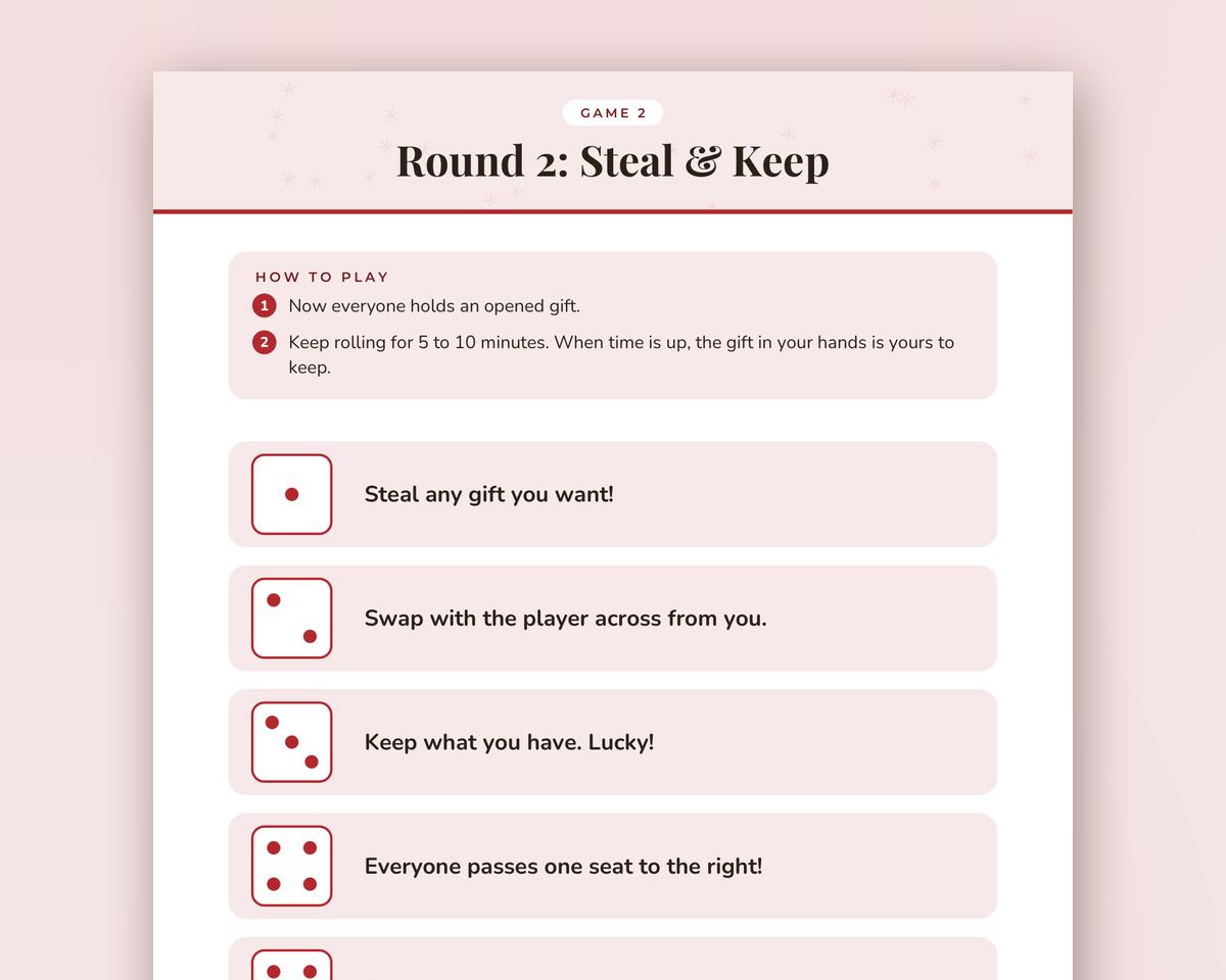Christmas Gift Exchange Dice Game: Roll & Swap Party Game + Steal-Style Gift Swap Rules (Printable) printable preview 2