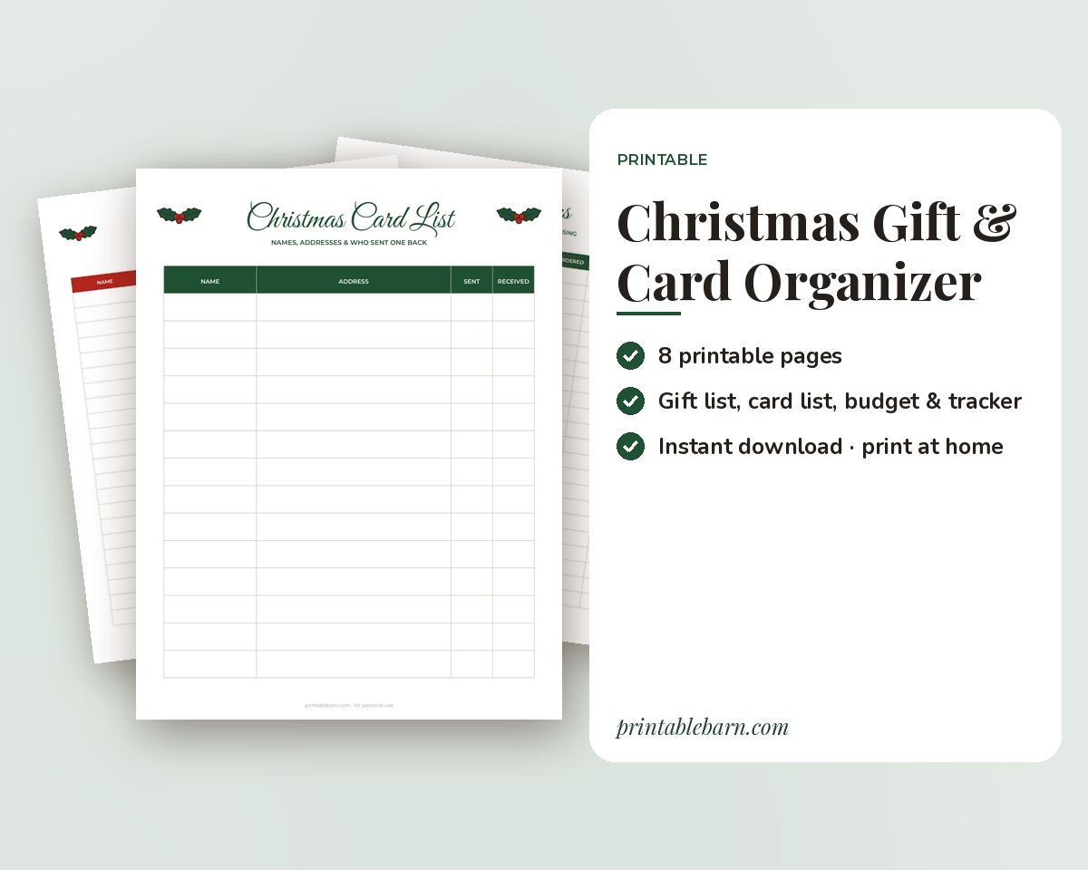 Christmas Gift List & Card List Organizer Printable: Gift Tracker, Card Address List, Holiday Budget & Package Tracker printable preview 1