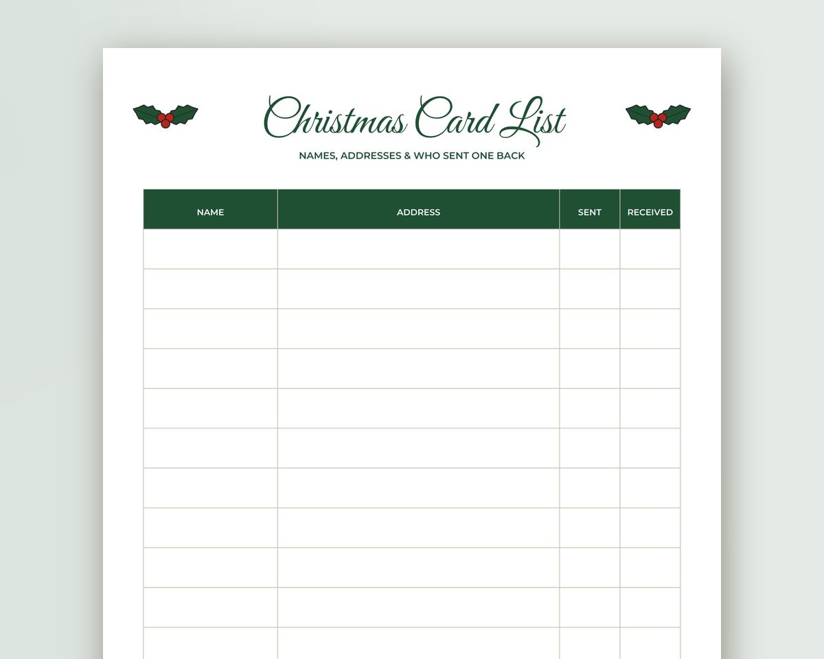 Free printable Christmas Gift List & Card List Organizer sample page