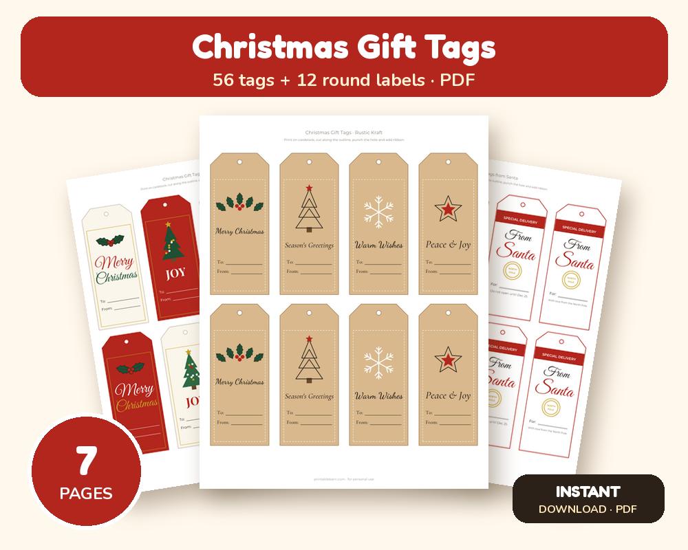 Printable Christmas Gift Tags: 56 Tags in 6 Styles + Round Labels (Classic, Kraft, Black & Gold, Kids, From Santa)