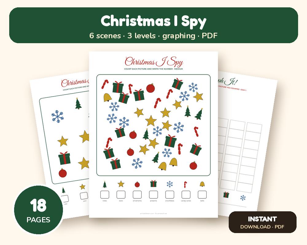 Christmas I Spy Printable: 6 Counting Pages in 3 Levels + Graphing Pages & Answer Keys (PreK-2)